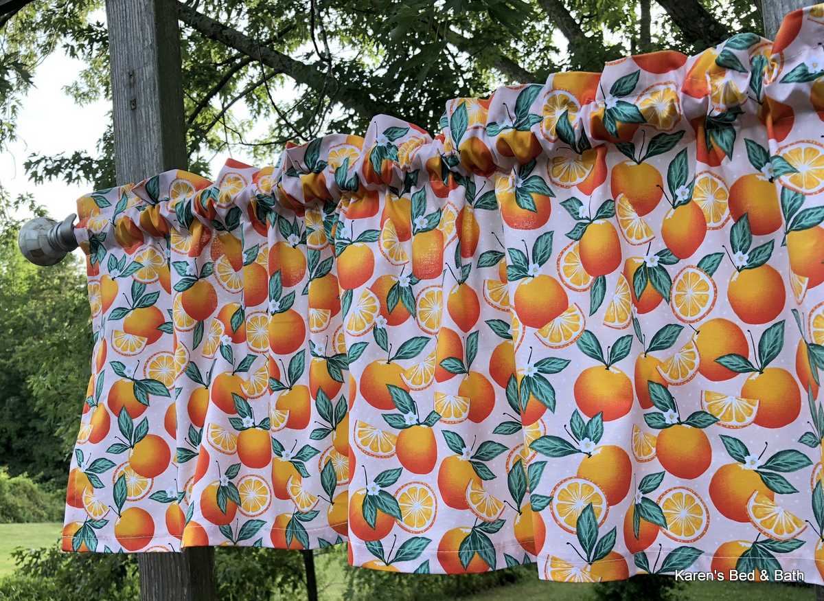 Orange Citrus Fruit Valance Botanical Orange Blossom Slices Pink Dots Farmhouse Kitchen Window Curtain Valance