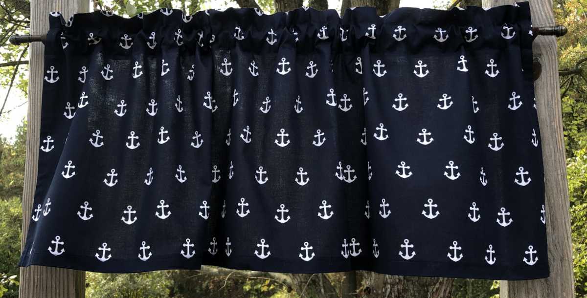 White Boat Anchor Navy Blue Nautical Sailor Boat RV Camper Kitchen Bath Curtain Valance a4/35