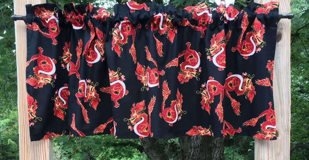 Chinese Dragons Asian Red Fire Dragon Toss Black Handcrafted Valance