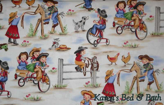 Girls Playing Cowboy Valance Vintage Look Western Cowgirls Farmhouse Nursery Bedroom Kitchen Bath Curtain Valance