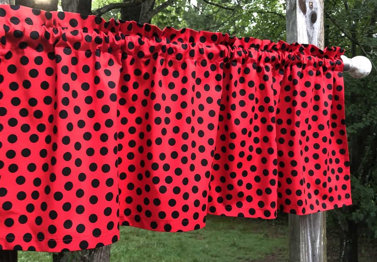 Black Dots on Red Crazy Black Polka Dots on Red Farmhouse RV Camper Kitchen Curtain Valance Panel - Choose Finished Length