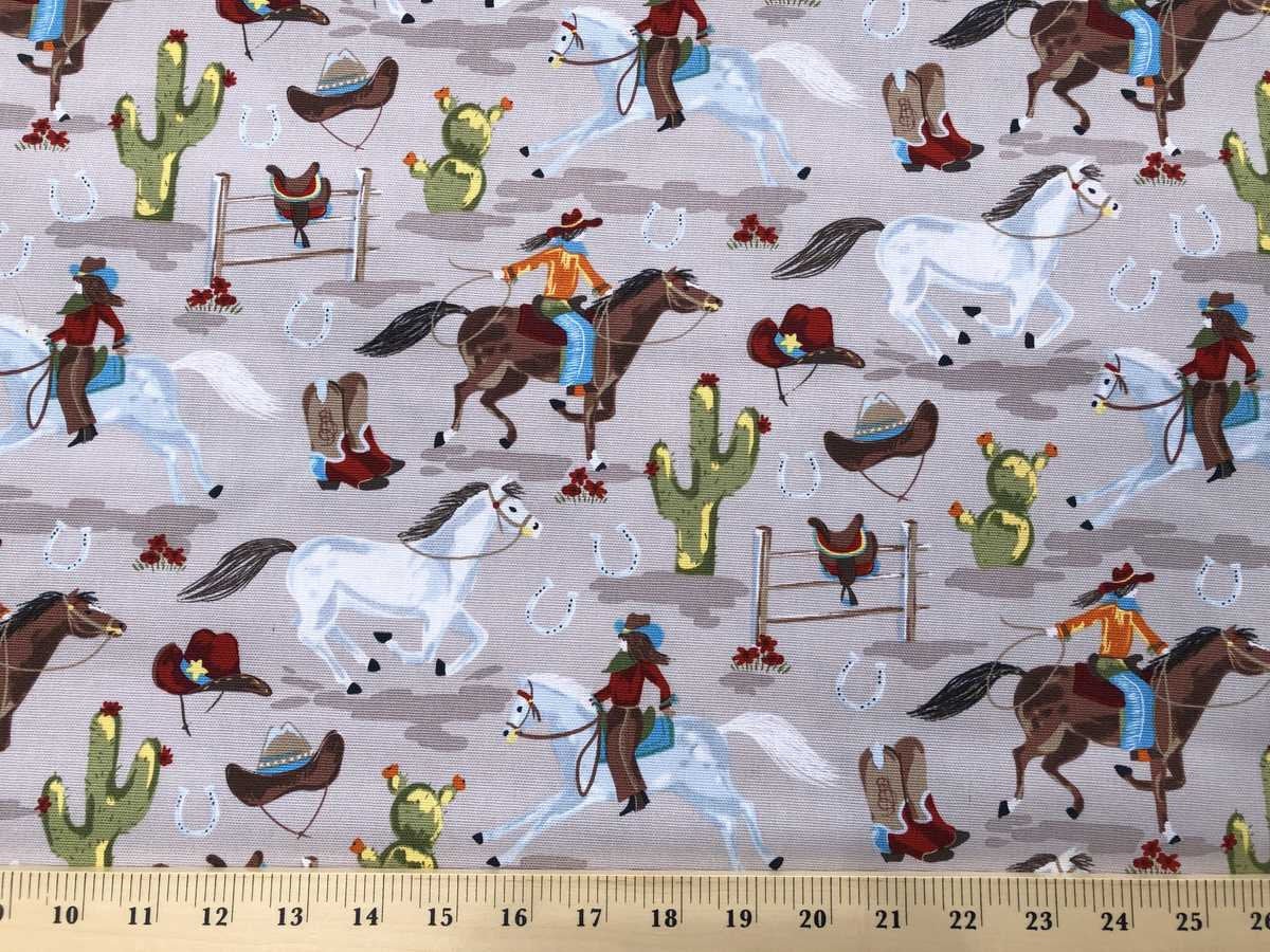 Cowboy Valance Western Rodeo Horse Cactus Hat Horseshoe Boots Cowgirl Taupe Southwestern Cotton Duck Window Curtain Valance