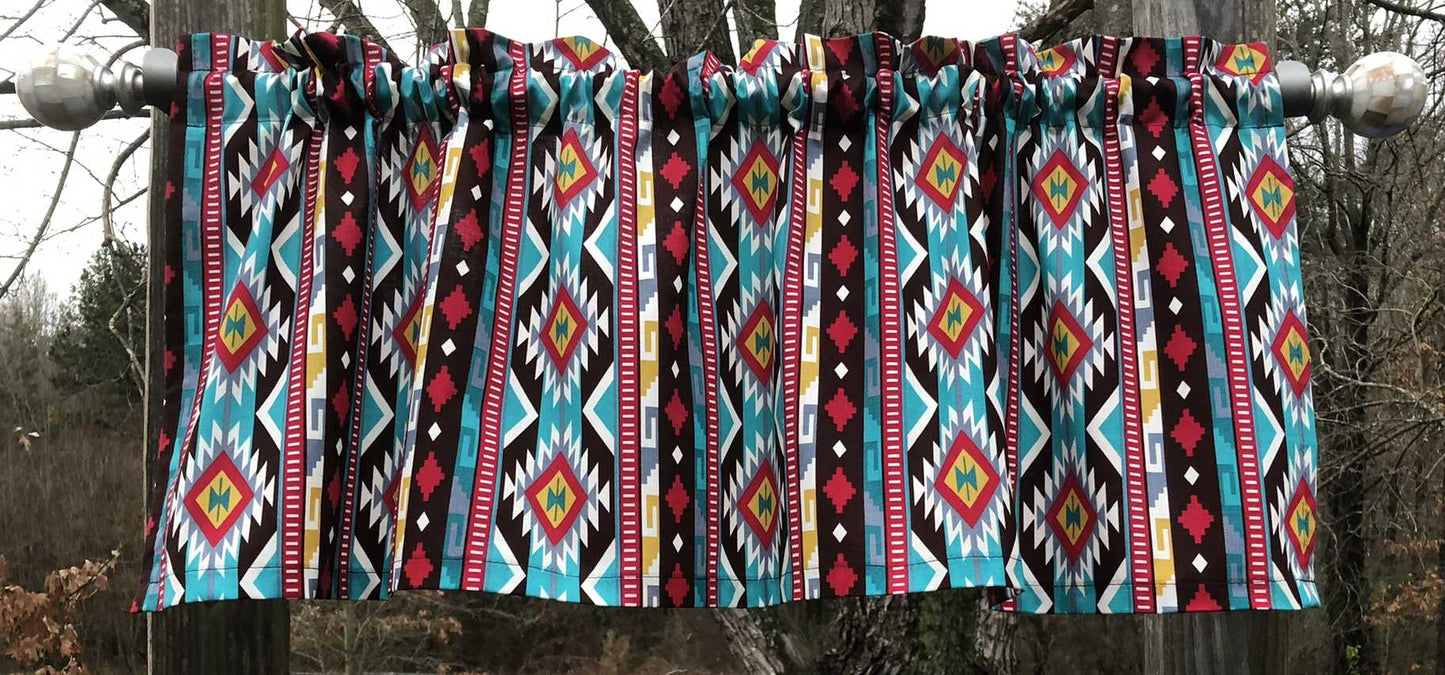 Tribal Valance Aztec Western Rodeo Turquoise Southwestern Decor Red Brown Farmhouse Kitchen Bath Curtain Valance