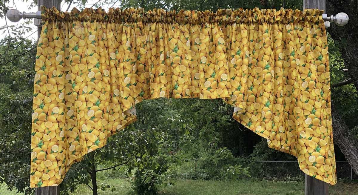 Lemon Valance Swags Lemons All Over Yellow Valance Citrus Fruit Food Bedroom Den Kitchen Curtain Swag Set