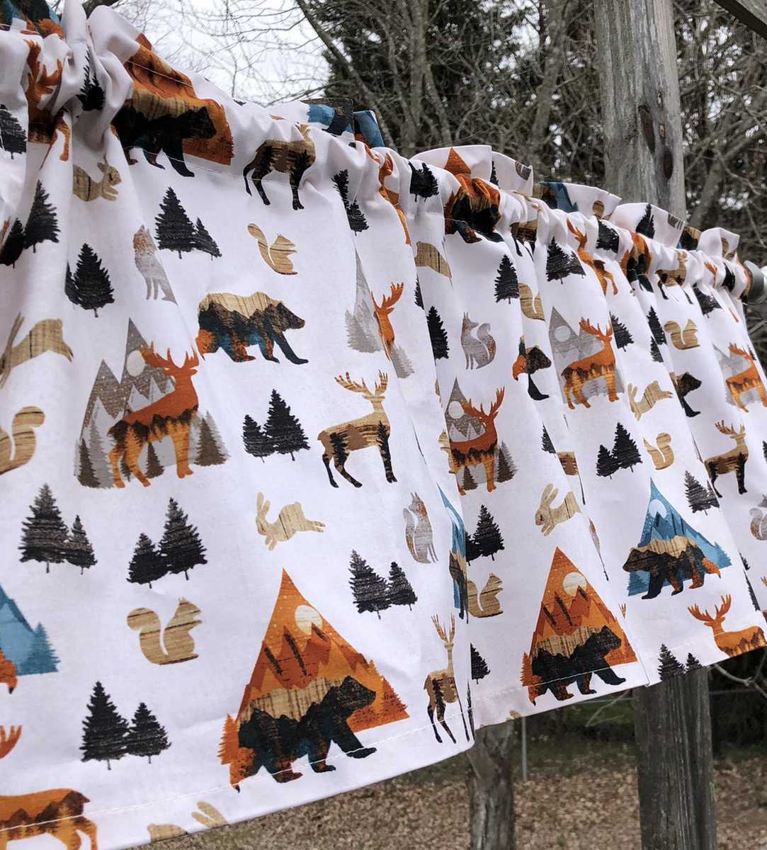 Sunset Animal Woodland Valance Bear Deer Squirrel Rabbit Trees Mountains Cabin Lodge Decor Handcrafted Curtain Valance or Pillow Cover t4/33