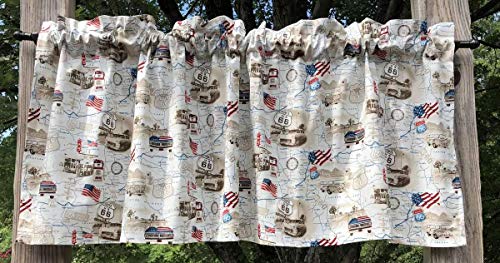 Rt 66 Road Map Trip USA American Transportation Travel Routes Flag Truck Van Cream Tan Handcrafted Curtain Valance