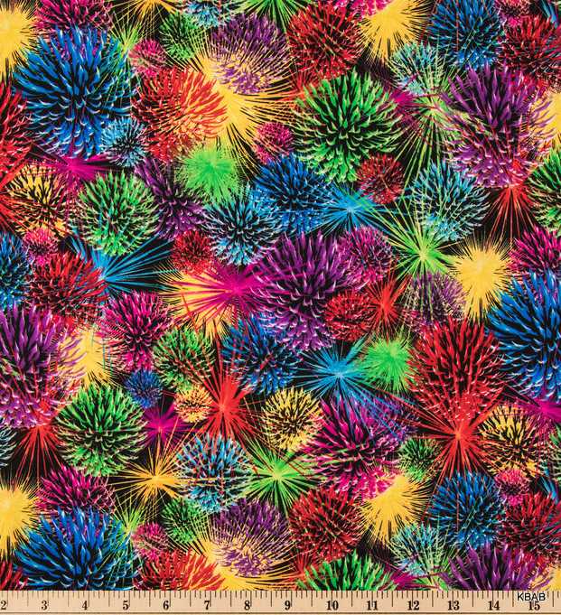 Bright Fireworks 4th of July Red Green Blue on Black Cotton Quilting Fabric t3/3