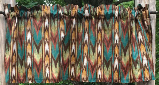 Southwestern Western Cowboy Stripe Brown Teal Tan Chevron Handcrafted Cotton Curtain Valance