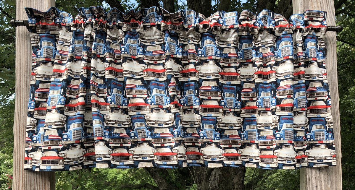 Route 66 American Road Trip Red White Blue USA Flag Car Truck Navy Handcrafted Curtain Valance