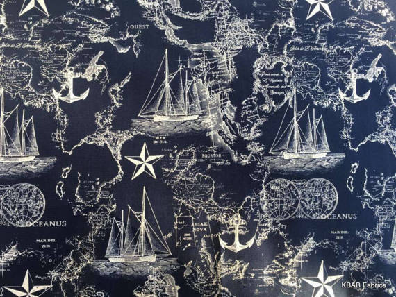 Nautical Sea Chart Map Navy Blue Sea Voyage Compass Ship Anchor Fabric t9/4