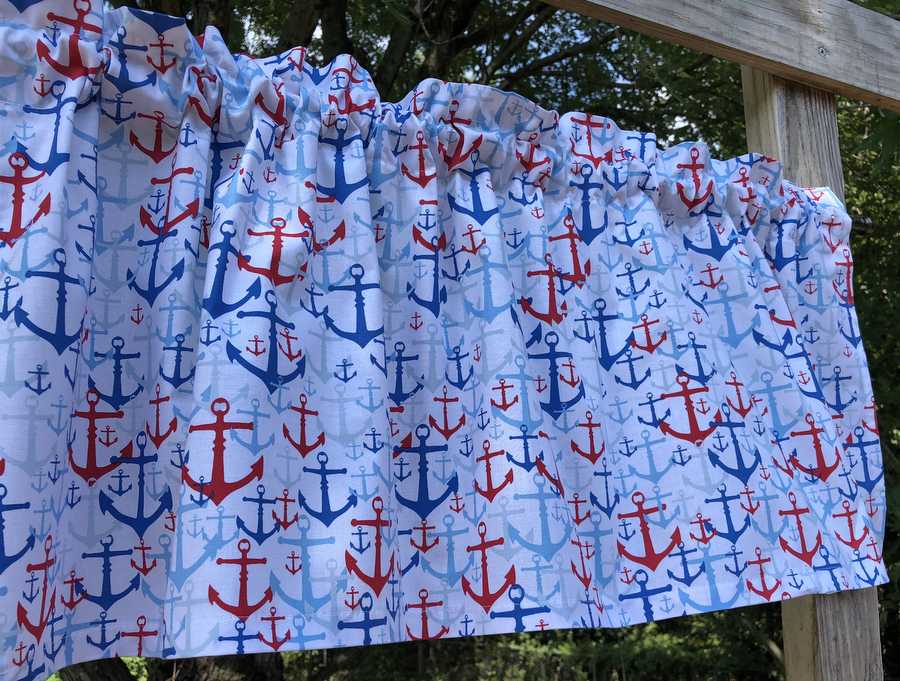 Nautical Blue Red Boat Anchors on White Sailboat Sailor Patriotic Ocean Maritime Curtain Valance NEW