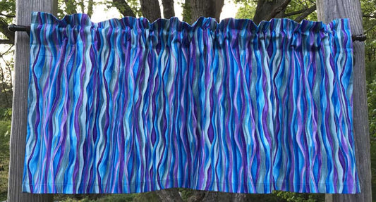 Blue Purple Green Gold Peacock Wavy Stripe Window Curtain Valance