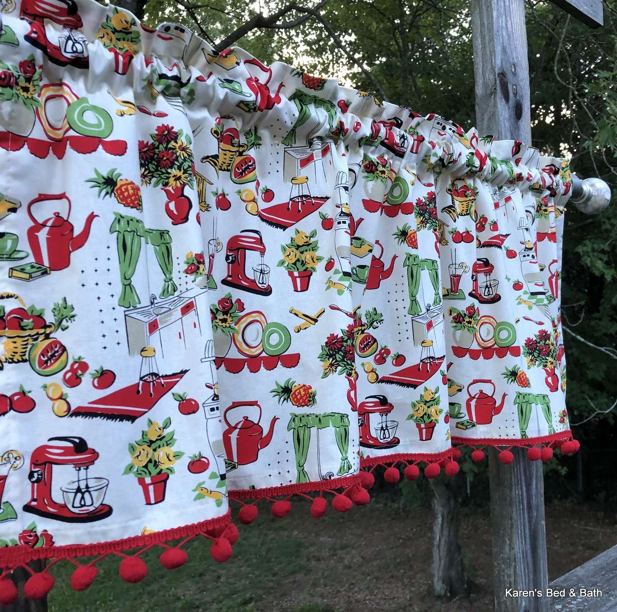 Retro Vintage Fifties Kitchen Valance 50s Farmhouse Red Green Cream Handcrafted Curtain Valance With Pom Pom Trim