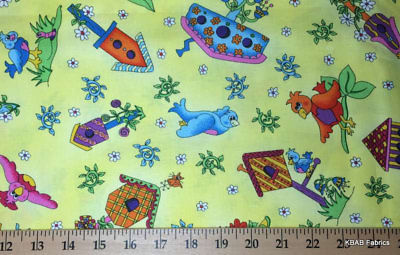 Birds Whimsical Goofy Bird House Yellow Cotton Fabric By The Half Yard s/25r