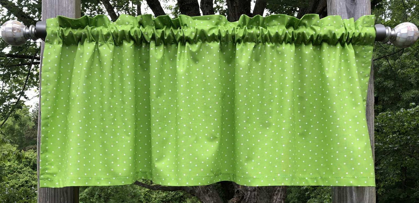 Green Polka Dot Valance Small White Dots on Lime Green Farmhouse Cottage Kitchen Window Curtain Valance Panel - Choose Finished Length
