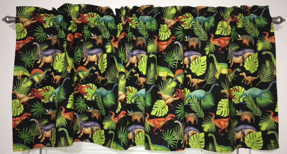 Dinosaur Prehistoric Pets Dino Jungle Green Leaf Colorful Bright & Colorful Jungle Black Handcrafted Cotton Curtain Valance t3/35
