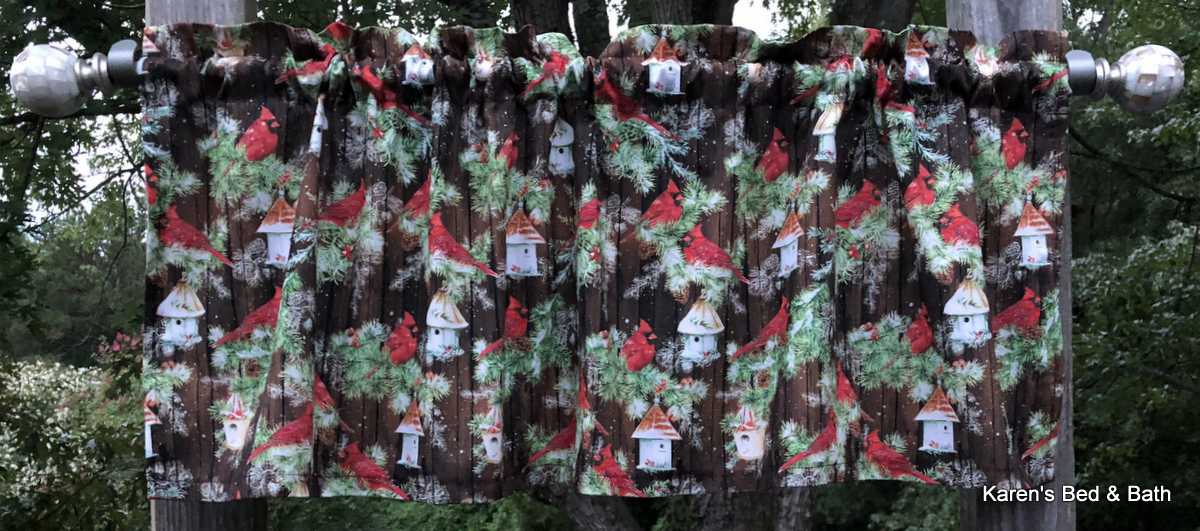 Cardinals on Pine Branches Valance Cardinal Birdhouse Holly Berries Brown Wood Panel Holiday Rustic Christmas Xmas Window Curtain Valance