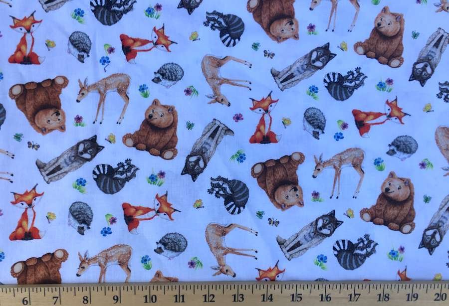 Forest Wildlife Animals Bear Deer Wolf Porcupine Raccoon Fox Nature Animal Baby Nursery White Cotton Fabric By the Yard HY