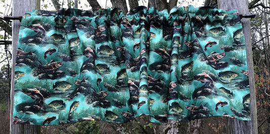 Fishing Lake Lodge Bass Crappie Fish Cabin Mens Outdoor Sports Curtain Valance NEW