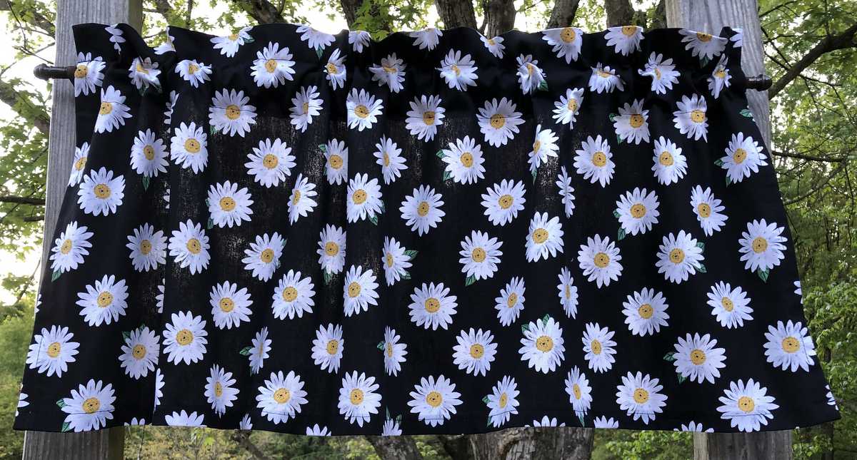 Daisy Floral Valance White Daisies Flowers on Black Cotton Duck Window Curtain Valance