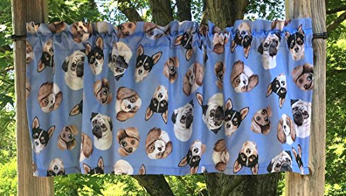 Dogs and Puppies Canine Pet Shop Dachshunds Pugs Cocker Spaniels Chihuahua Dog Faces Heads on Blue Cotton Valance