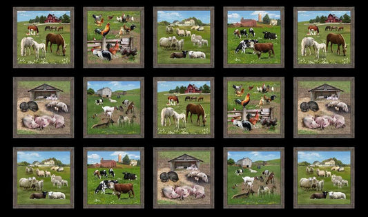 Farm Fabric Barnyard Animals Fabric Horse Sheep Goat Chicken Rooster Pig 24x44 Farmhouse Fabric Panel