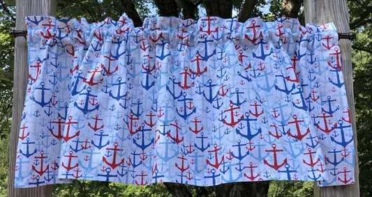 Nautical Blue Red Boat Anchors on White Sailboat Sailor Patriotic Ocean Maritime Curtain Valance NEW