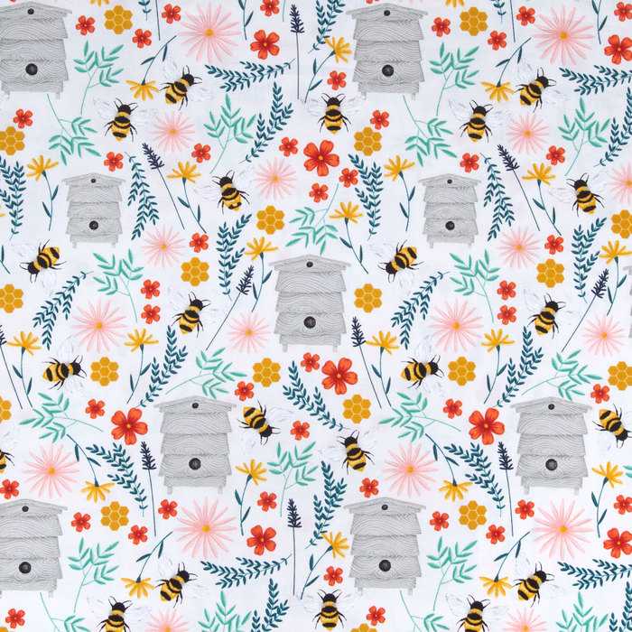 Bee Happy Floral Fabric Beekeeper Flowers Bees Fabric Bee House Hive Beekeeping Apparel Quilting Fabric t2/13