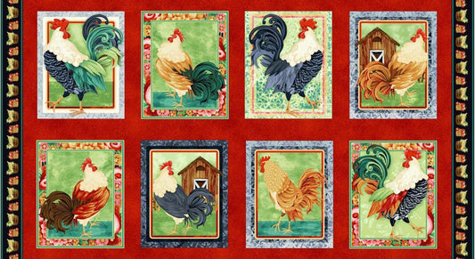 Rooster Fabric Panel Red Farm Raised Chicken Large Blocks 44x24 Fabric Panel