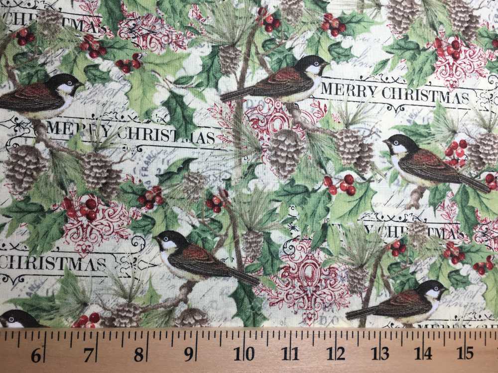 Chickadees Pine Cones Trees Holly Berries Christmas Birds Handcrafted Valance