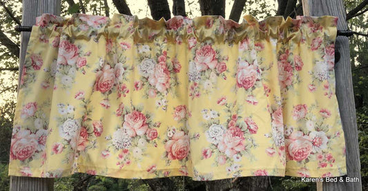 Shabby Floral Rose Pink & Yellow Peony Flowers Handcrafted Curtain Valance NEW