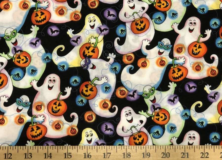 Halloween Ghost Fabric Trick or Treat Happy Ghosts Spooky Halloween Night Fun Ghost Fabric Black Cotton Apparel Quilting Fabric By Yard HY