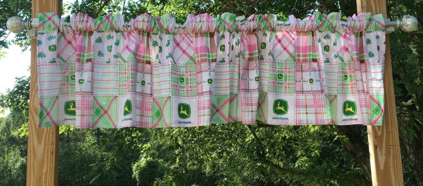 Handcrafted Custom Sewn Curtain Valance Sewn From John Deere Madras Patch Girls Pink Green Tractor Fabric