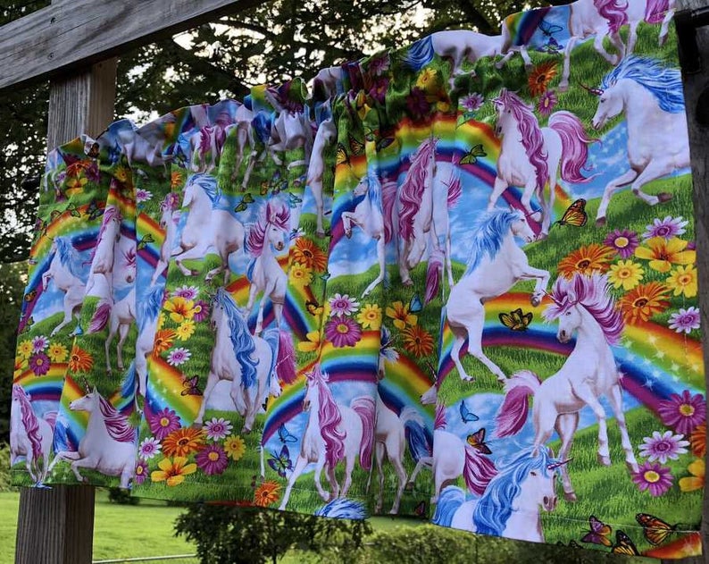 Rainbow Unicorn Butterfly Flowers Floral Green Valley of Pink Blue White Unicorns Handcrafted Window Curtain Valance