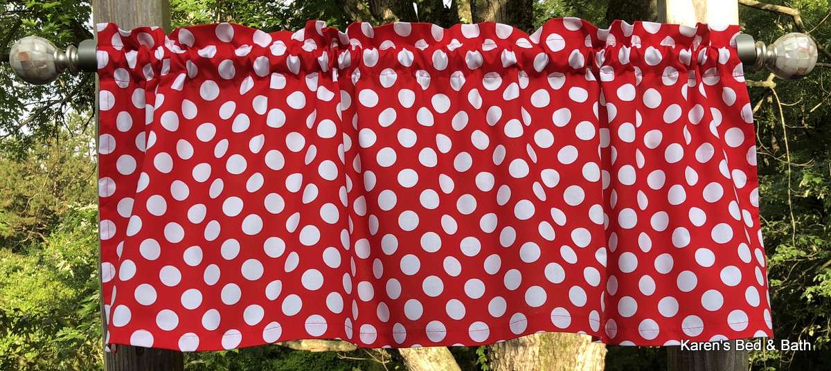 Red Polka Dot Valance 7/8 Inch White Dots on Red Farmhouse Cottage Kitchen Window Curtain Valance Panel - Choose Finished Length