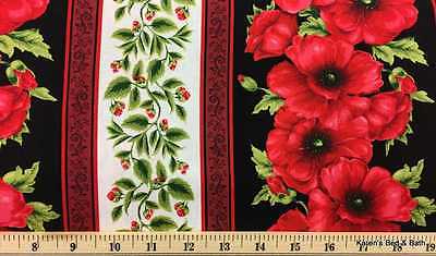 Red Poppy Striped Poppies Floral Flowers Cream Stripes Cotton Fabric t2/20