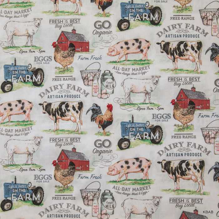 Milk Dairy Farm Fresh Fabric Tractor Cow Pig Rooster Chicken Rooster Fabric Market Meat Eggs Barnyard Roosters Farmhouse Cotton Fabric