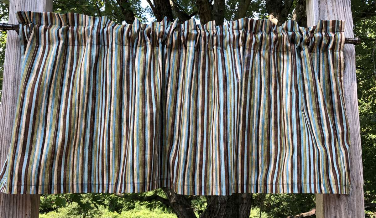 Green Tan Brown Blue Elegant Sparkle Stripes Striped Handcrafted Curtain Valance