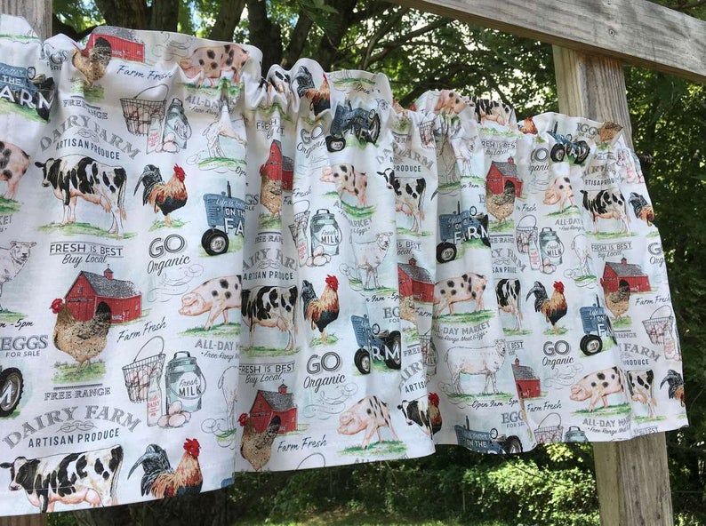 Farm Animals Tractor Red Barn Chicken Rooster Pig Hog Meat Eggs Milk Dairy Cows Shop Organic Farmhouse Cream Handcrafted Valance