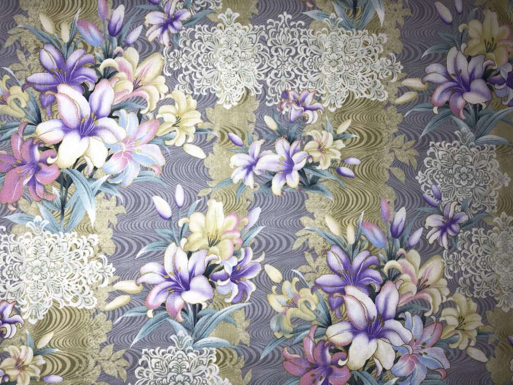 LILY FLORAL Fabric Purple Lilac Gold Metallic Easter Asian Apparel Fabric Cotton Quilting