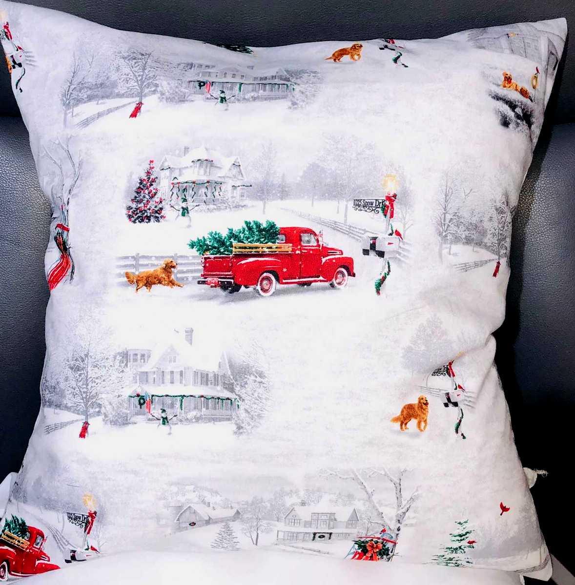 Scenic Winter Snow Country House Red Truck Dog Snowman Holiday Pillow Cover