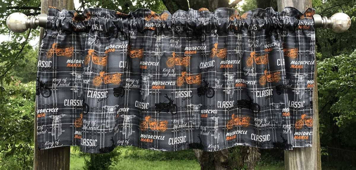 Motorcycle Valance Gray King of the Road Orange Plaid Classic Cycle RV Camper Man Cave Handcrafted Curtain Valance