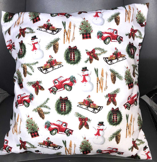 Red Truck Winter Ski Sled Pine Cones Snow Man Christmas Holiday White Pillow Cover