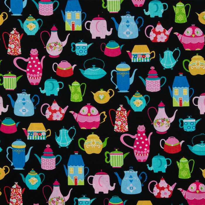 Cute Teapots Fabric By the Yard Blue Pink Yellow Tea Cup Pot on Black t3/40