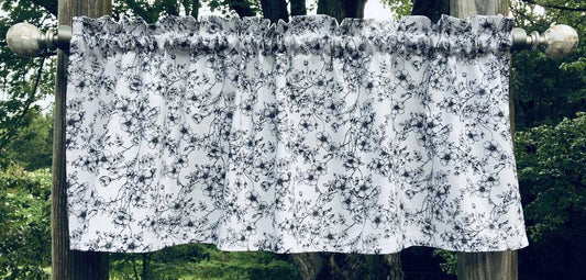 Black & White Floral Sketch Flowers Handcrafted Valance w1/4