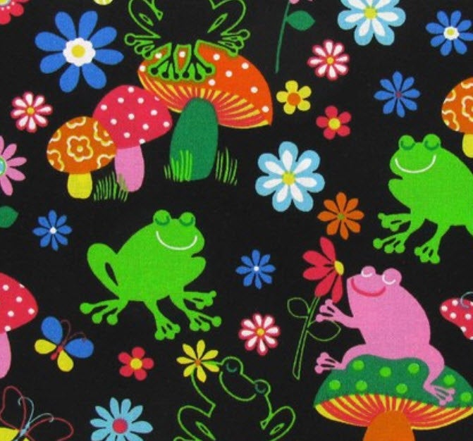 Colorful Froggy Frogs Toadstools Flowers Black Curtain Valance NEW