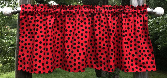 Black Dots on Red Crazy Black Polka Dots on Red Farmhouse RV Camper Kitchen Curtain Valance Panel - Choose Finished Length