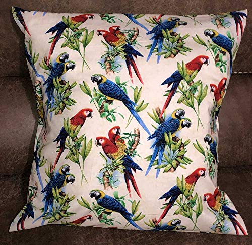 Tropical Birds Pillow Cover Jungle Parrots Accent Pillow Sham Aviary Farmhouse Handcrafted Pillow Cover Sham/a