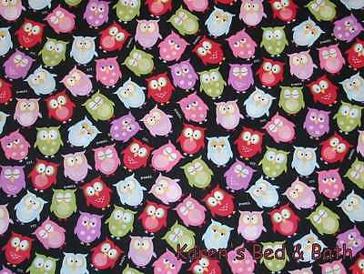 Owls Valance Custom Sewn Handcrafted Valance Colorful Owls on Black Fabric NEW