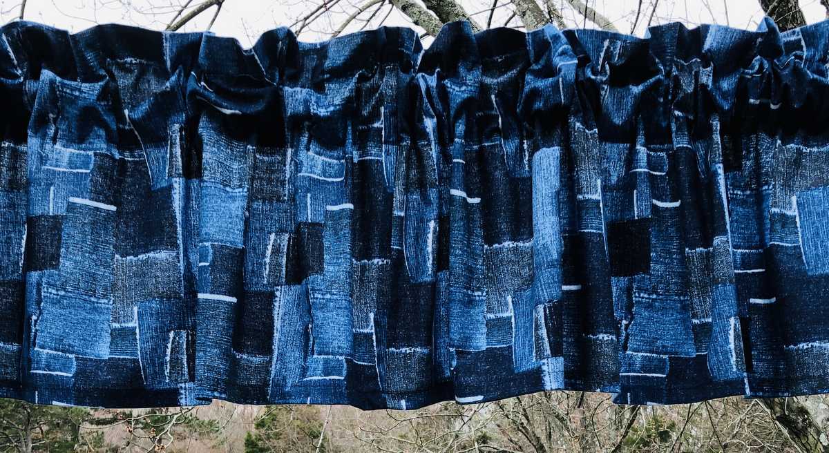 Blue Navy Patch Valance, Hobo Hippie Rag Patches Valance Handcrafted Curtain Valance w3/21
